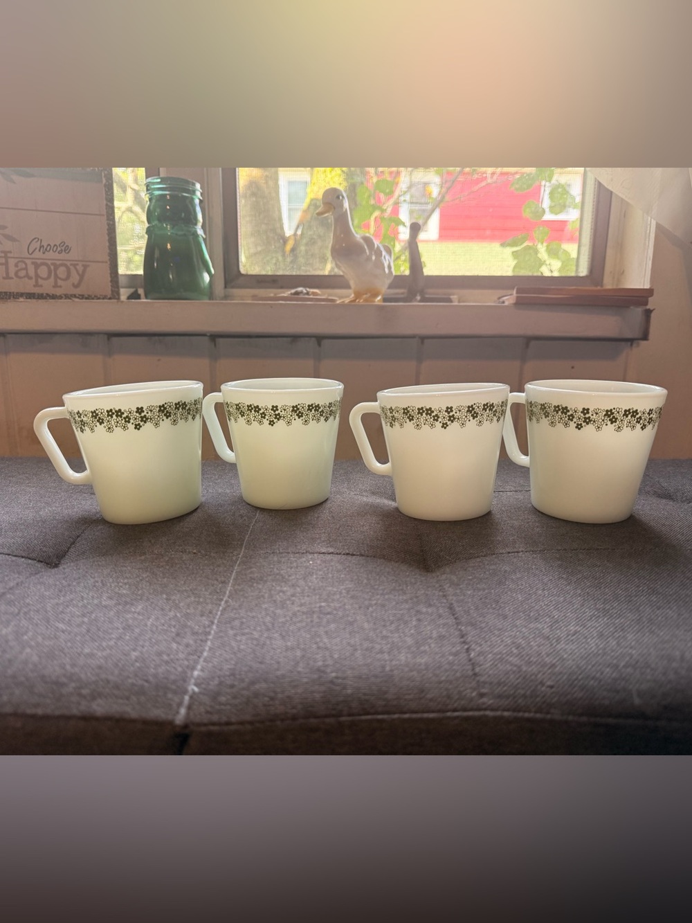 Vintage Green Floral Milk Glass Mugs - Set of 4
